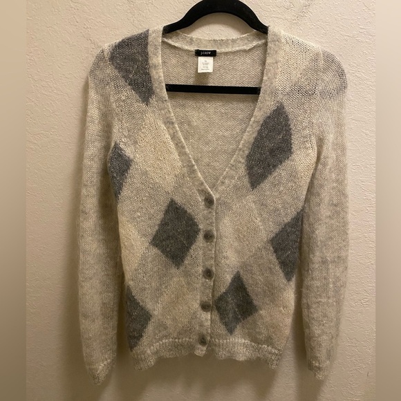 J. Crew Grey Argyle Print Mohair Nylon Wool Grandpa Style Cardigan Size XS - Picture 1 of 11